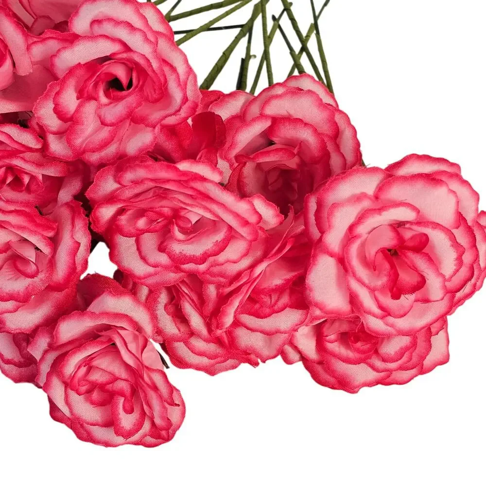 37 Light Pink Hot Pink Edge Silk Roses 2.5in Artificial Flowers w/ Stems